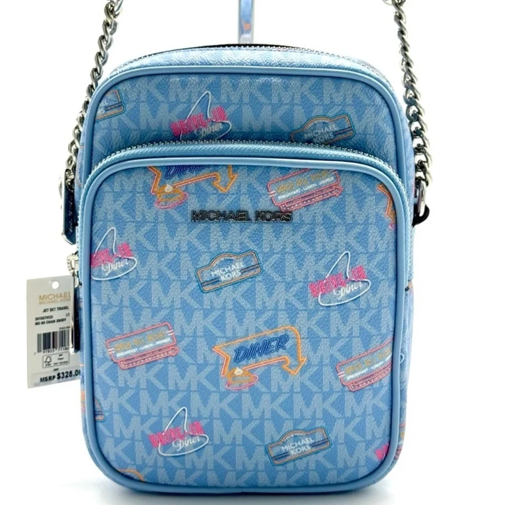 Michael Kors Jet Set Medium Printed Signature Logo Crossbody Bag Light Sky Blue